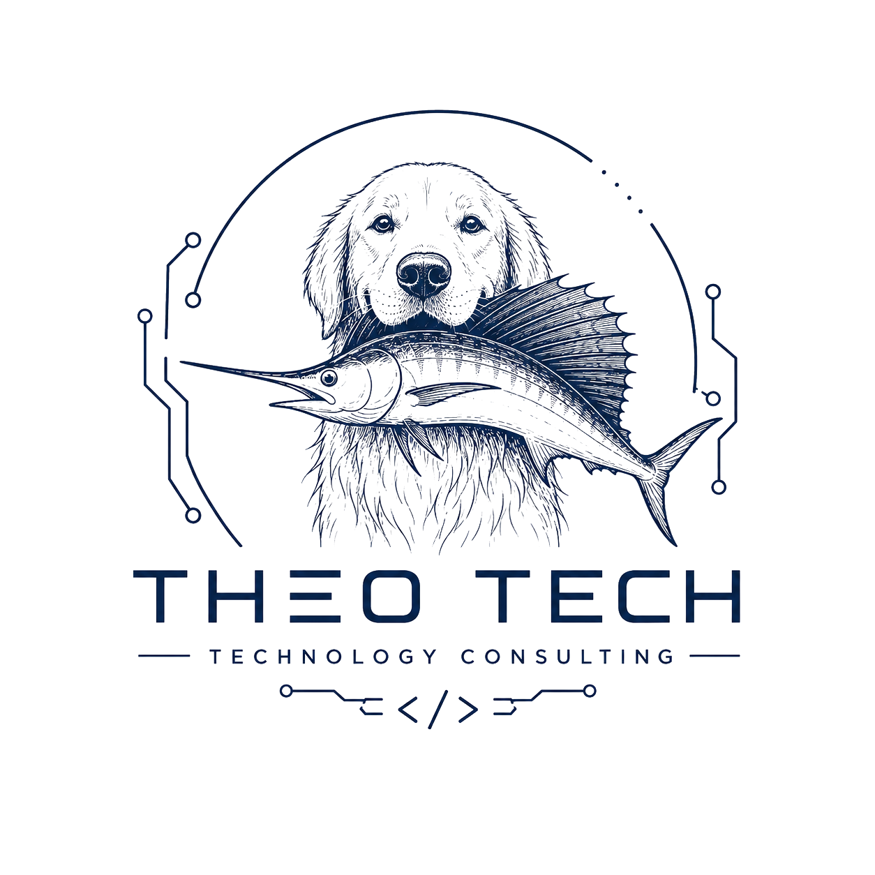 THEO TECH Technology Consulting logo: a golden retriever holding a sailfish, framed by circuit traces.